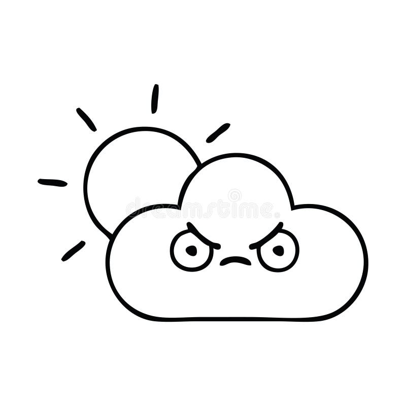 Line drawing cartoon storm cloud and sun vector illustration
