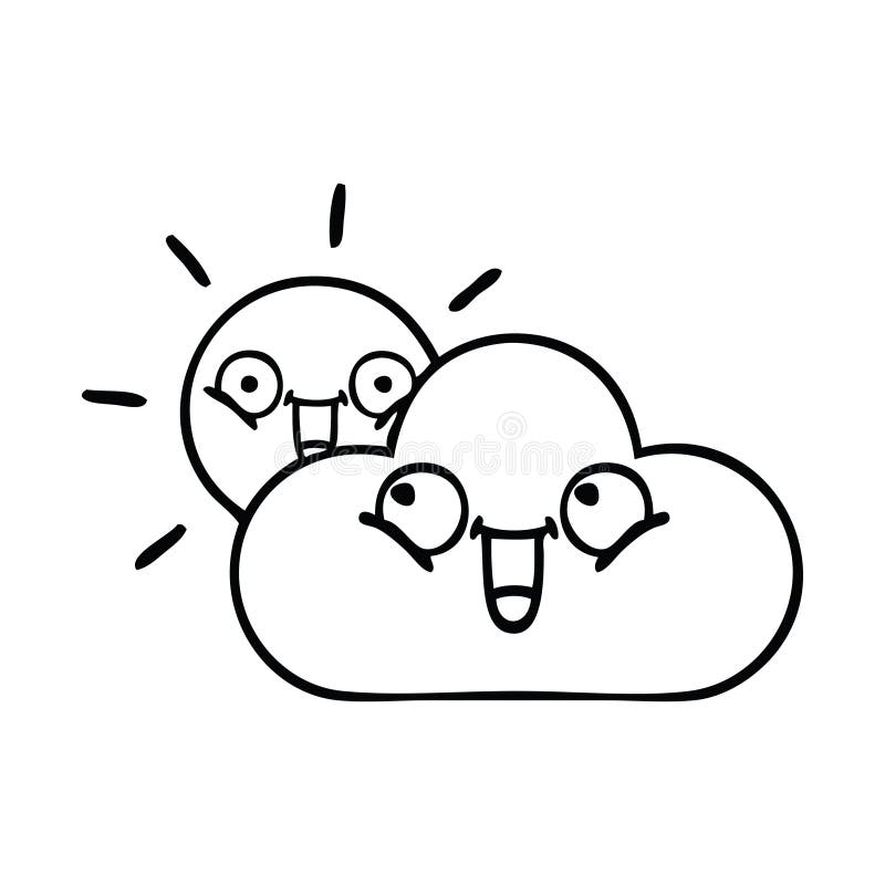 Line drawing cartoon storm cloud and sun stock illustration