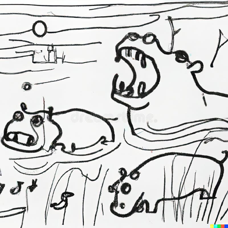 Line Drawing of Hippo with Wide Open Mouth Generative AI Stock