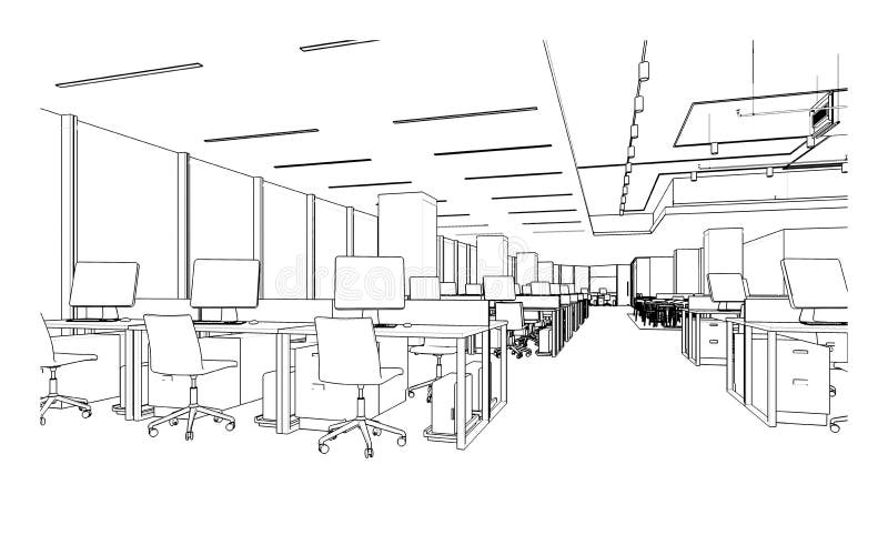 Line Drawing of Office,Modern Design Stock Illustration - Illustration ...