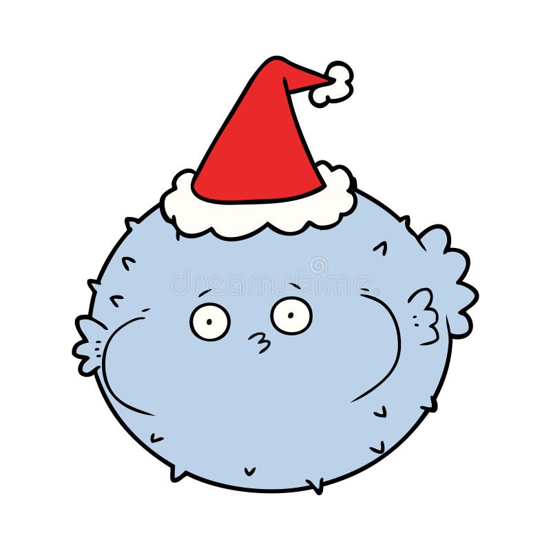 Line Drawing of a Puffer Fish Wearing Santa Hat Stock Vector