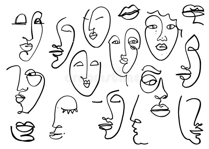 Line Drawn Black and White Trendy Face Silhouette. Abstract