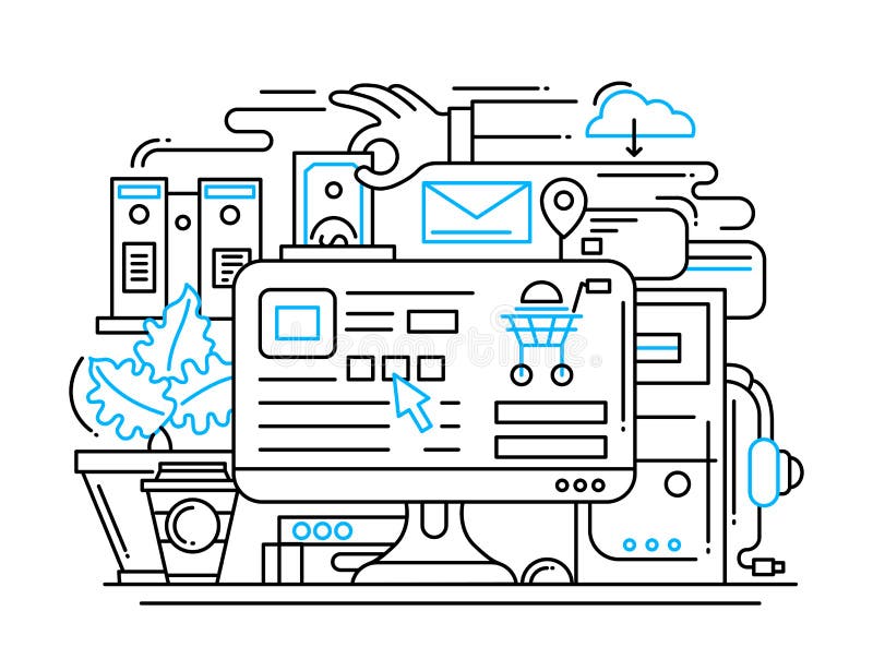 On-line-Einkaufsprozeßlinie flache Designfahne mit dem Desktop stock abbildung On-line-Einkaufsprozeßlinie flache Designfahne mit dem Desktop stock abbildung