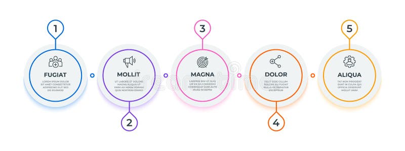 Line flow infographic. 5 steps circle workflow diagram, milestone business presentation template. Vector option stock illustration