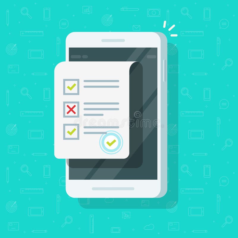 On-line-Formübersicht auf Smartphonevektorillustration, flacher Handy mit Quizprüfungsblatt-Dokumentenikone und genehmigt vektor abbildung On-line-Formübersicht auf Smartphonevektorillustration, flacher Handy mit Quizprüfungsblatt-Dokumentenikone und genehmigt vektor abbildung