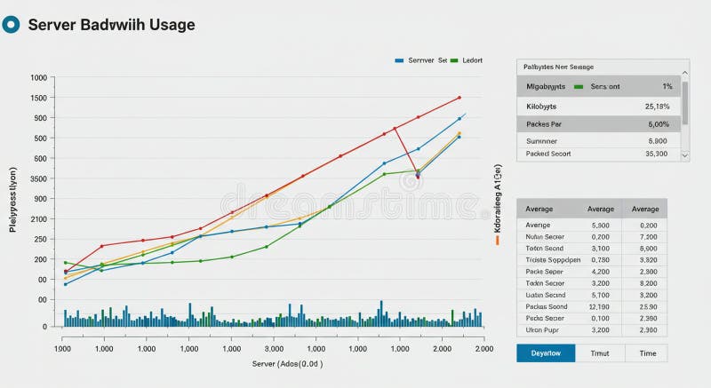 A line graph displaying server bandwidth usage over time, with three lines in blue vector illustration