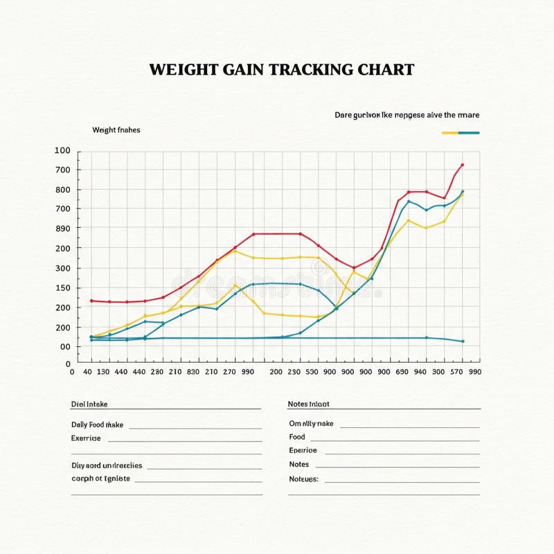 Line graph displaying weight gain progression over time on a grid. Three lines in red vector illustration