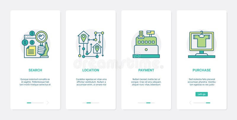 On-line-Handel, der Bestellung und Zahlung ux ui, das mobile Appseiten-Schirmsatz onboarding ist stock abbildung