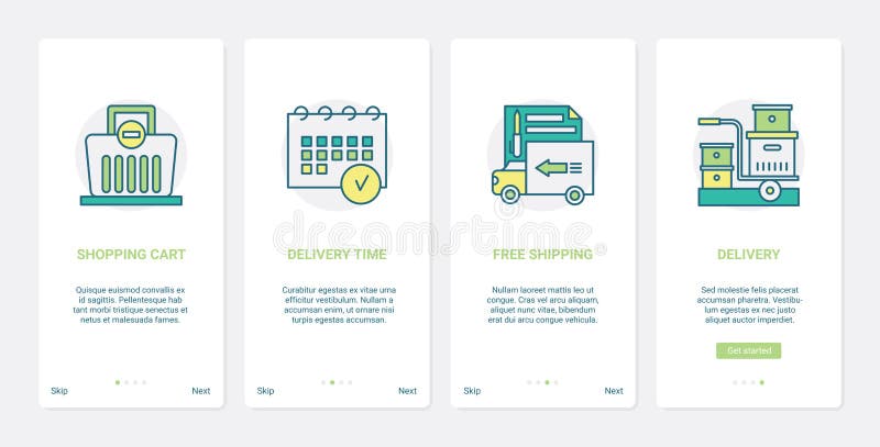 On-line-Handelsauftrags-Lieferverfahren ux ui, das mobile Appseiten-Schirmsatz onboarding ist vektor abbildung