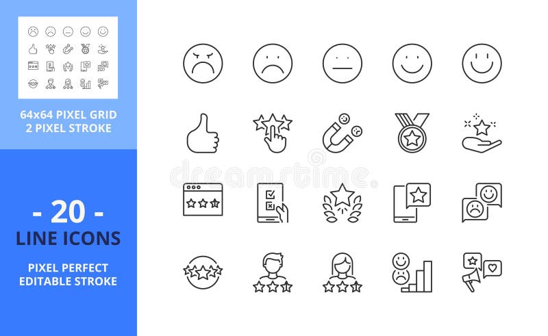 Line icons about survey and rating. Pixel perfect 64x64 and editable stroke stock illustration