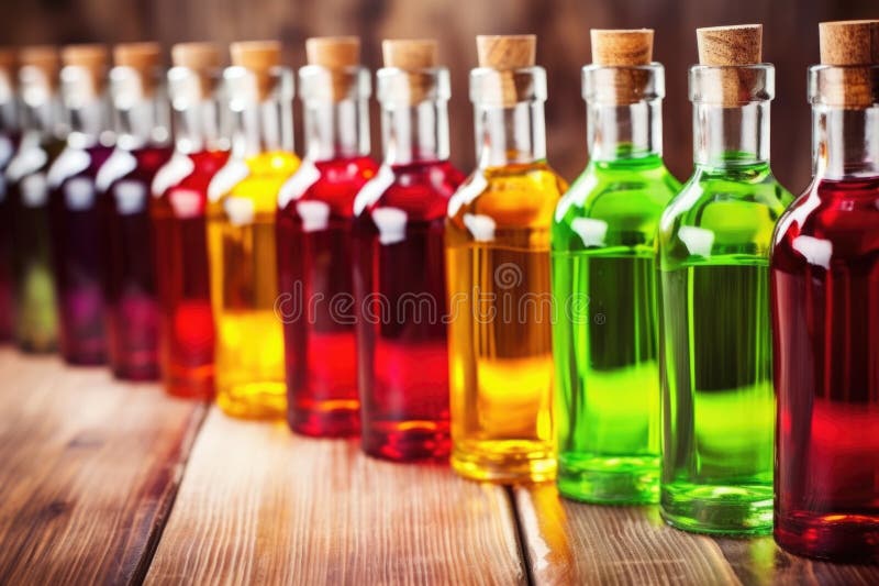 Line of Identical Bottles Filled with Differently Colored Liqueurs