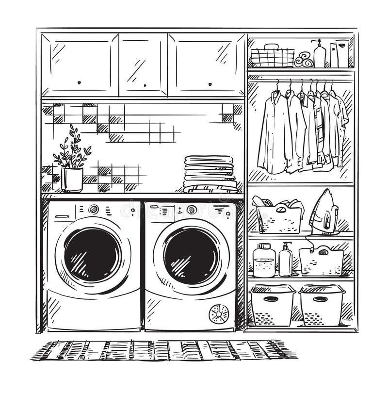 Line interior sketch, modern laundry room, black and white drawing stock illustration