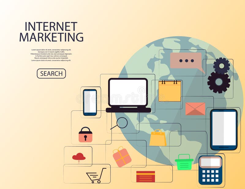On-line-Internet-Marketing-Konzept Digital-Marketing, Speicher, Einkaufen des elektronischen Geschäftsverkehrs Flache Illustratio lizenzfreie abbildung On-line-Internet-Marketing-Konzept Digital-Marketing, Speicher, Einkaufen des elektronischen Geschäftsverkehrs Flache Illustratio lizenzfreie abbildung