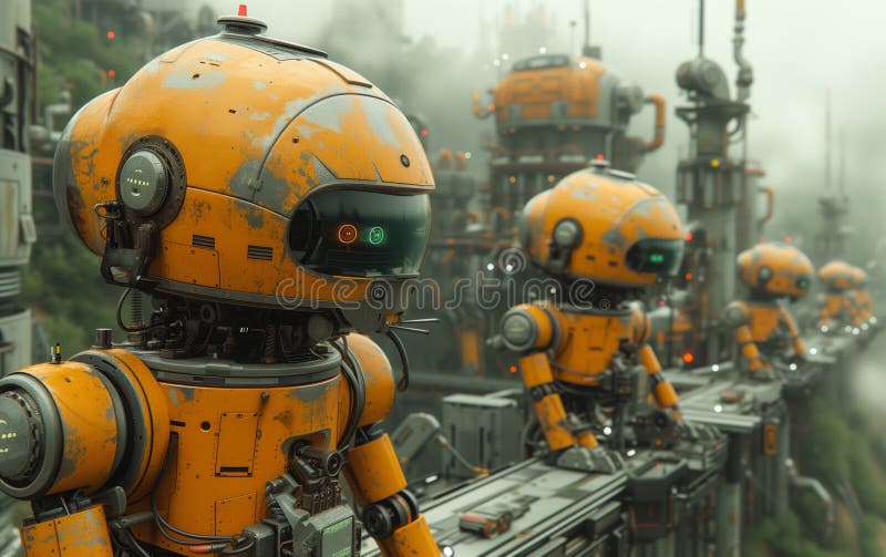 A line of orange robots, resembling fictional characters, are lined up on a bridge showcasing the latest in engineering and science in the field of motor vehicle transportation. Robots working futuristic office stock images, royalty-free photos and pictures