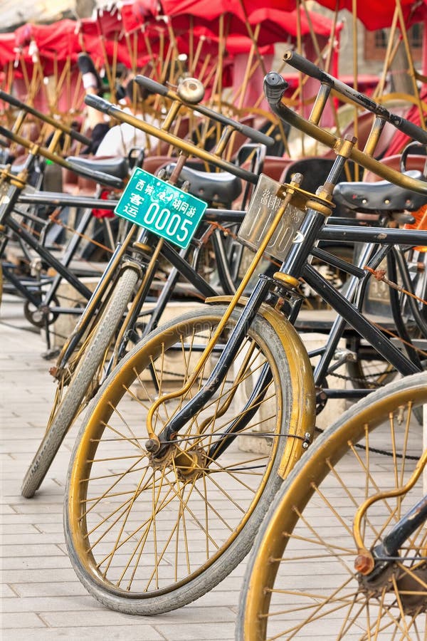 Line of parked rickshaws, Beijing, China royalty free stock image Line of parked rickshaws, Beijing, China royalty free stock image