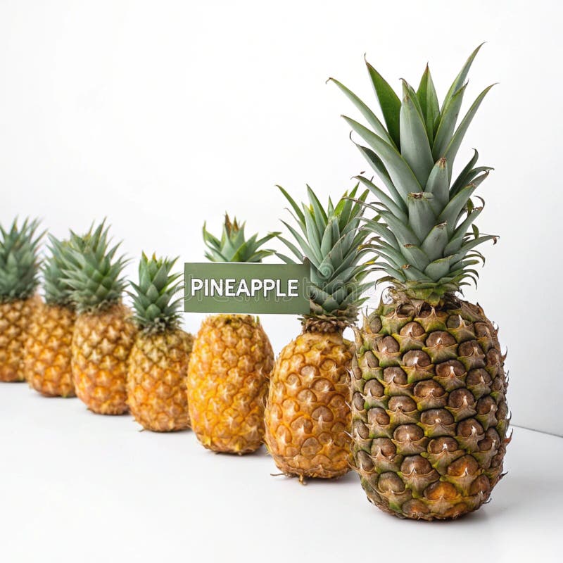 Line of pineapples with one labeled pineapple stock illustration