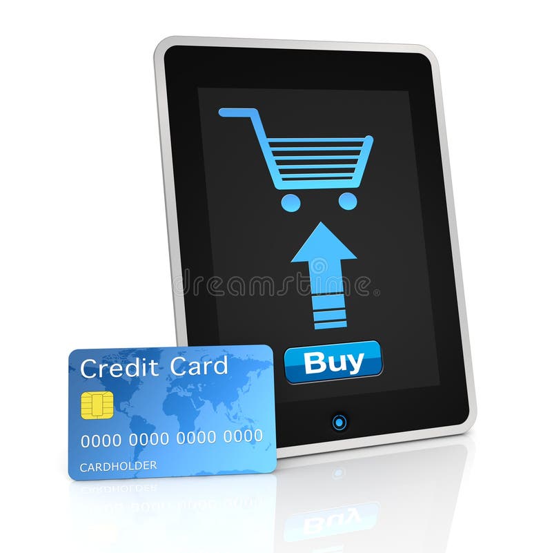 One mobile computer device with a credit card, concept of online shopping (3d render). Shopping cart credit card illustrations