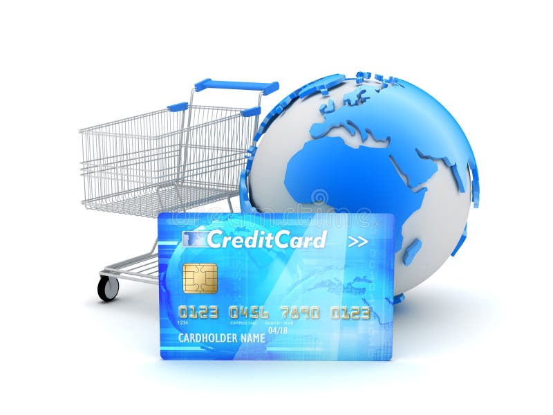 Shopping cart, earth globe and credit card on white background. Shopping cart credit card illustrations