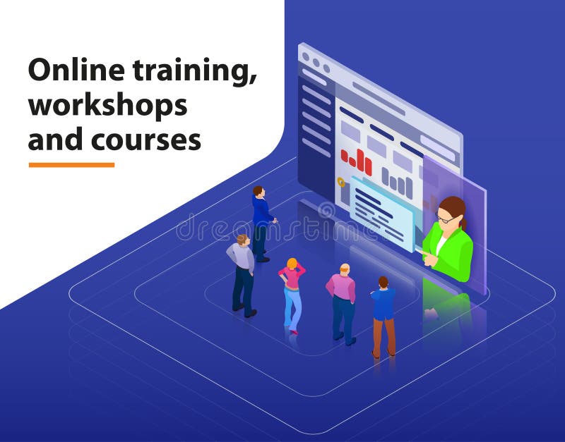 On-line-Training, Werkstätten und isometrisches infographic Konzept des flachen Netzes 3d der Kurssichtbarmachung vector Schablon lizenzfreie abbildung On-line-Training, Werkstätten und isometrisches infographic Konzept des flachen Netzes 3d der Kurssichtbarmachung vector Schablon lizenzfreie abbildung
