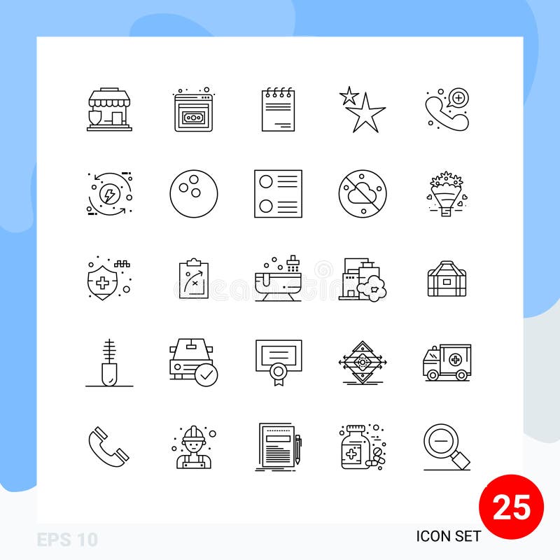 25 Line-up di segnali moderni e simboli della forma del documento di contatto di chiamata di emergenza illustrazione vettoriale