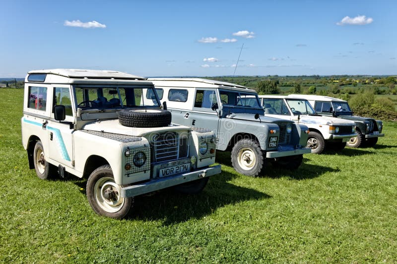 Bratton, Wiltshire, UK - April 22, 2017: A line up of Vintage and Classic Land Rovers. Bratton, Wiltshire, UK - April 22, 2017: A line up of Vintage and Classic Land Rovers