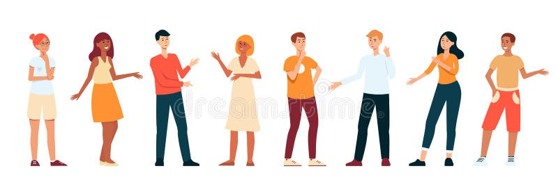 Line of young people standing and talking, flat cartoon character set isolated on white background