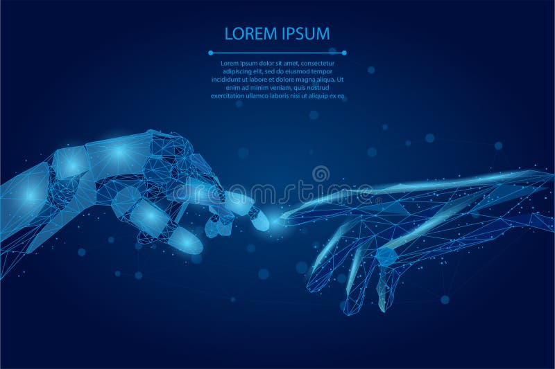 Linea astratta di mescolamento e punto Con le dita si toccano le mani umane e robotiche con il wireframe di poli basso Intelligen illustrazione vettoriale