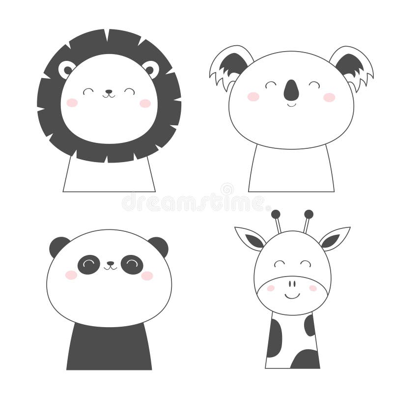 Linea capa insieme di schizzo del fronte della giraffa dell'orso di Lion Koala Panda dell'icona Animale di Kawaii Personaggio dei royalty illustrazione gratis