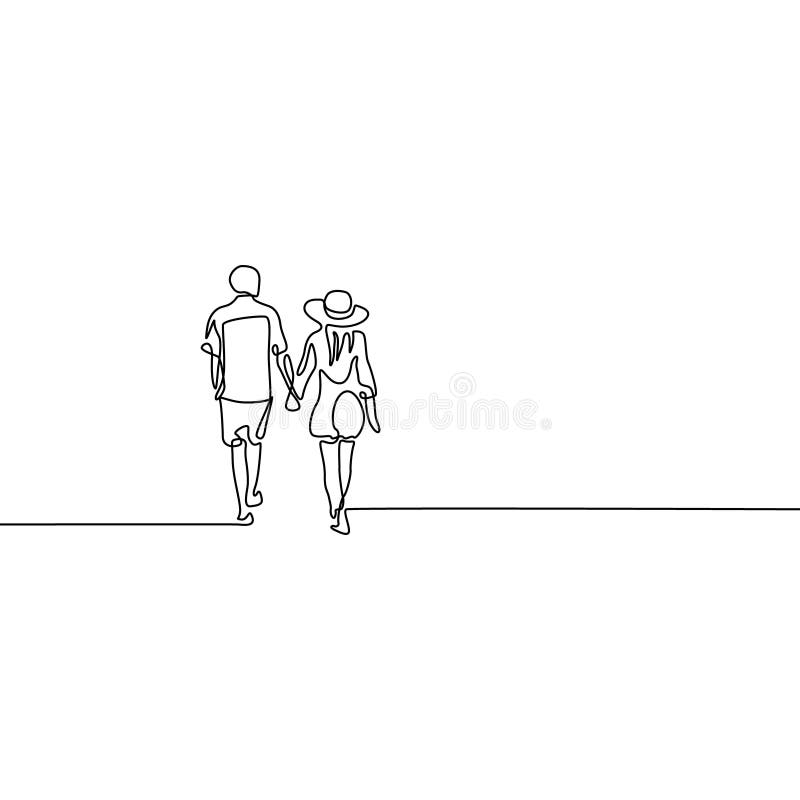 Linea continua coppia nel tenersi per mano della passeggiata di amore illustrazione di stock Linea continua coppia nel tenersi per mano della passeggiata di amore illustrazione di stock