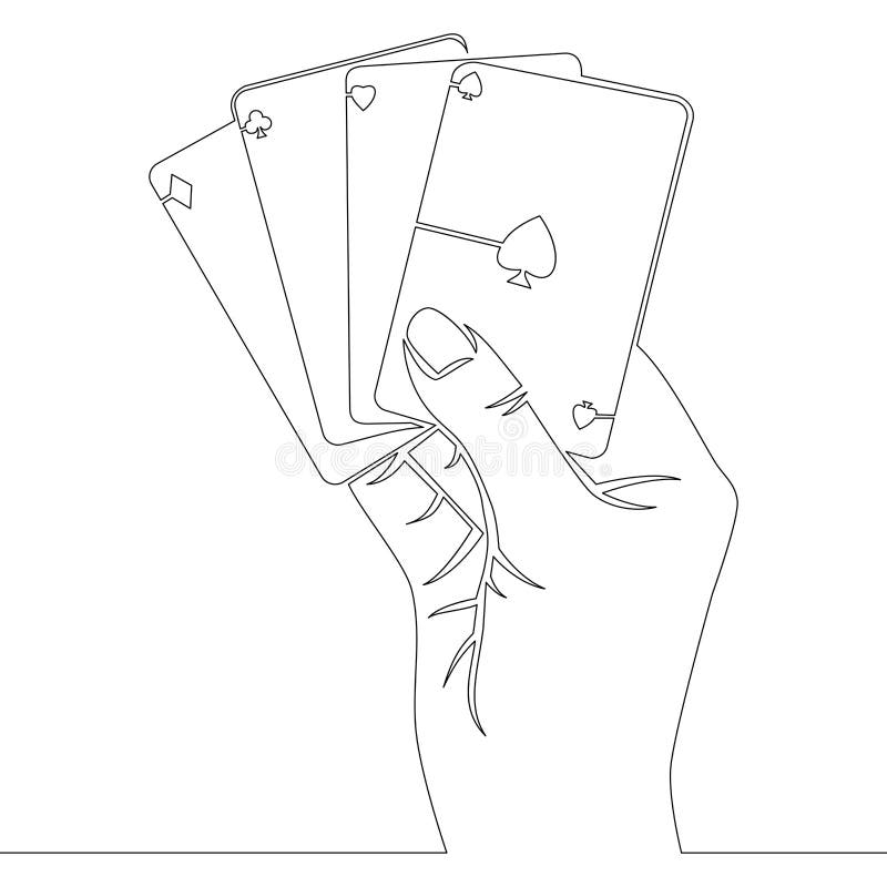 Linea continua mano che tiene quattro carte degli assi illustrazione di stock