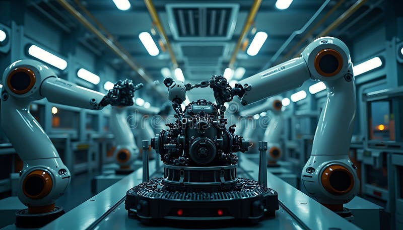 Linea di assemblaggio automatizzata con braccia robotiche Assemblaggio di una parte di macchina complessa royalty illustrazione gratis