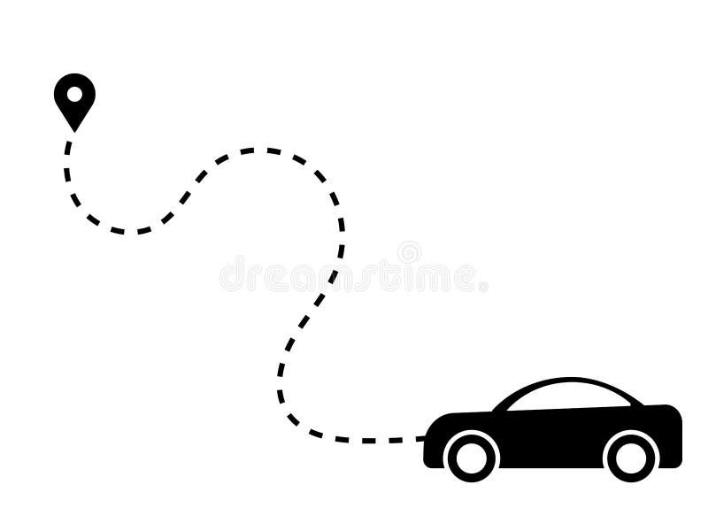 Linea di percorso punteggiata in automobile che conduce al viaggio di destinazione. illustrazione nera isolata su fondo bianco. ve