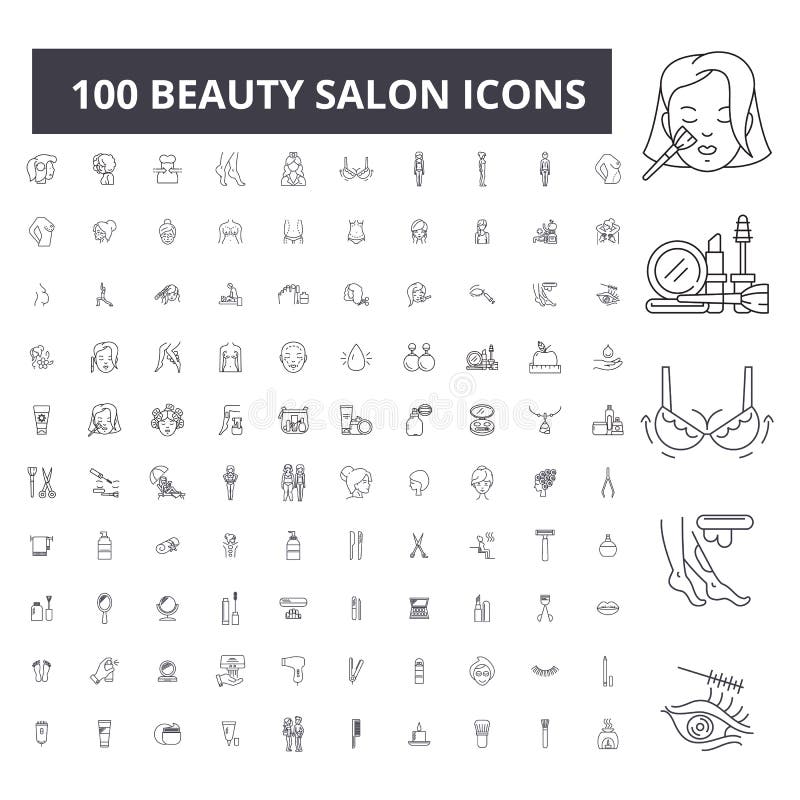Linea editabile icone, un insieme di 100 vettori, raccolta del salone di bellezza Illustrazioni del profilo del nero del salone d