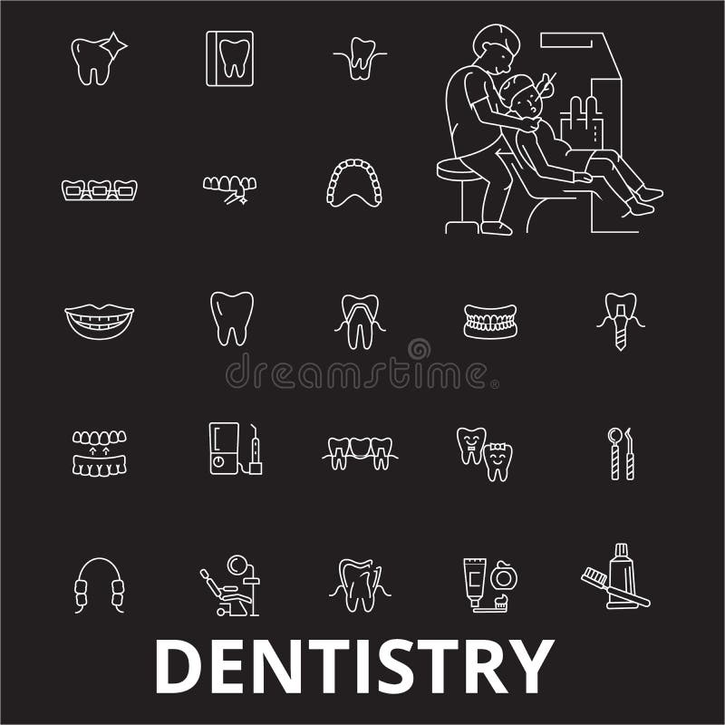 Linea editabile insieme di odontoiatria di vettore delle icone su fondo nero Illustrazioni bianche del profilo di odontoiatria, s royalty illustrazione gratis Linea editabile insieme di odontoiatria di vettore delle icone su fondo nero Illustrazioni bianche del profilo di odontoiatria, s royalty illustrazione gratis