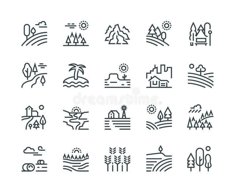 Landscape line icons. Nature park mountain hill forest trees and countryside garden, industrial megapolis cityscape vector pictograms set. Landscape line icons. Nature park mountain hill forest trees and countryside garden, industrial megapolis cityscape vector pictograms set