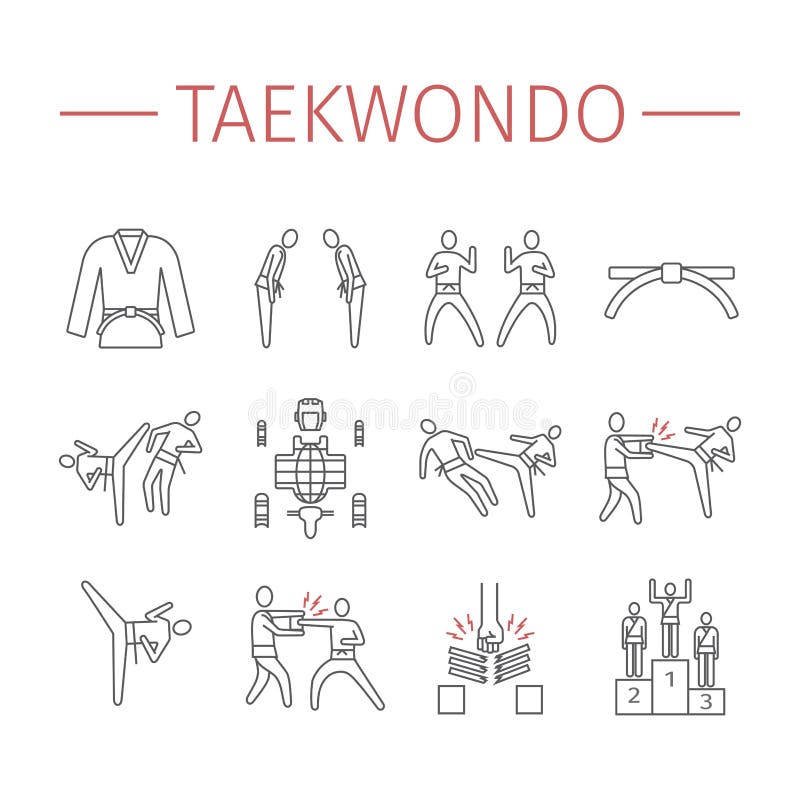 Linea icone del Taekwondo messe Il vettore mette in mostra i segni illustrazione vettoriale Linea icone del Taekwondo messe Il vettore mette in mostra i segni illustrazione vettoriale