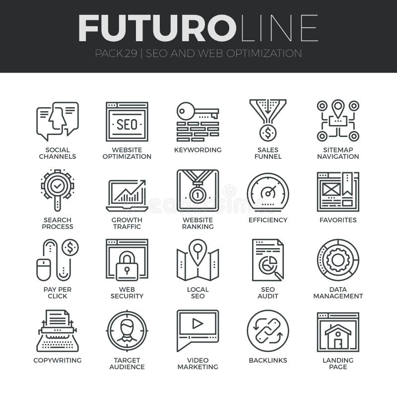 Linea icone di Futuro di ottimizzazione del motore di ricerca messe