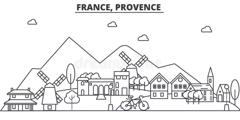 Linea illustrazione di architettura della Francia, Provenza dell'orizzonte Paesaggio urbano lineare con i punti di riferimento fa royalty illustrazione gratis Linea illustrazione di architettura della Francia, Provenza dell'orizzonte Paesaggio urbano lineare con i punti di riferimento fa royalty illustrazione gratis