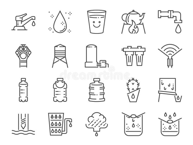 Linea insieme dell'acqua pulita dell'icona Icone come la bevanda, potabile inclusi, filtro, purificatori, umidità e più