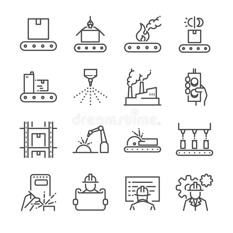Linea insieme di fabbricazione dell'icona Ha compreso le icone come il processo, la produzione, la fabbrica, l'imballaggio e più