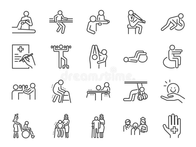 Linea insieme di terapia fisica dell'icona Le icone incluse come recupero, il corpo, casa di cura, ciao, l'ospedale, la fisiologi