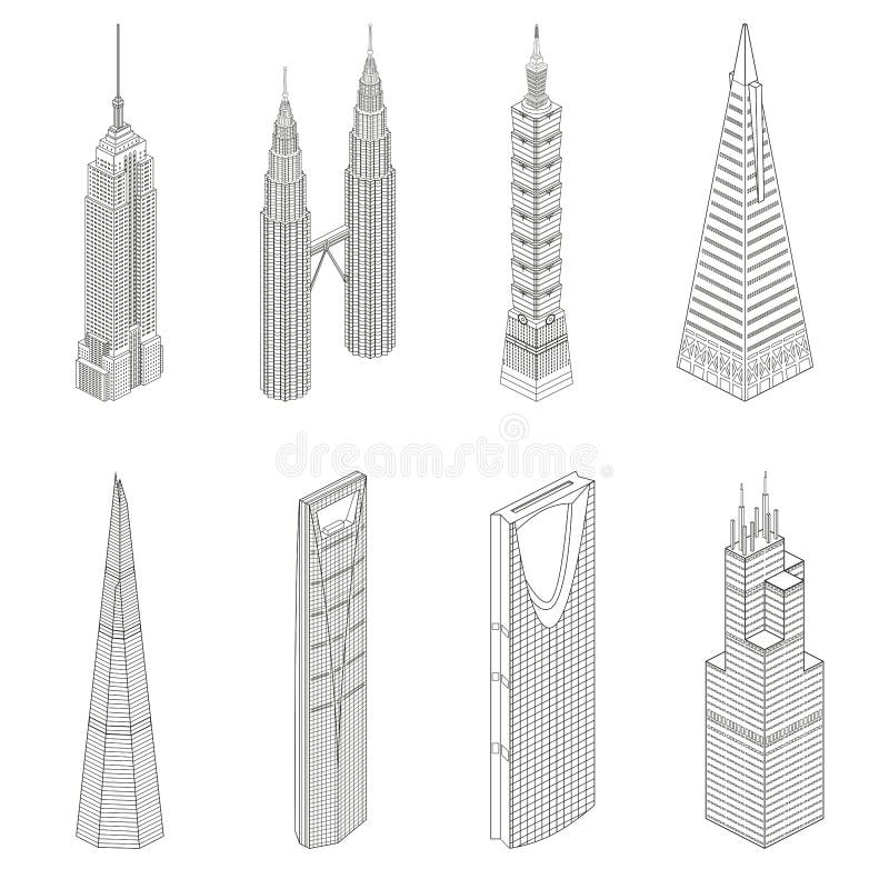 Linea isometrica icone dei grattacieli famosi del mondo di vettore di arte illustrazione di stock