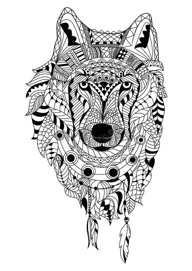 Linea mano di arte che disegna lupo nero isolato su fondo bianco Stile di Dudling E Zenart Coloritura per gli adulti illustrazione di stock
