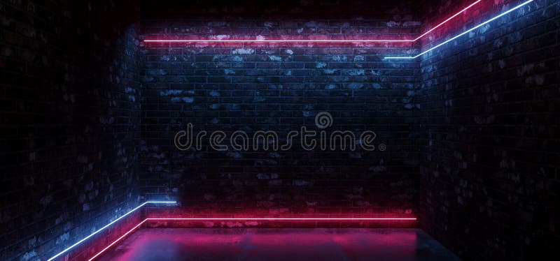 Linea orizzontale concreta d'ardore rosa blu del neon del pavimento delle luci di Sci Fi di lerciume del muro di mattoni di porpo illustrazione di stock