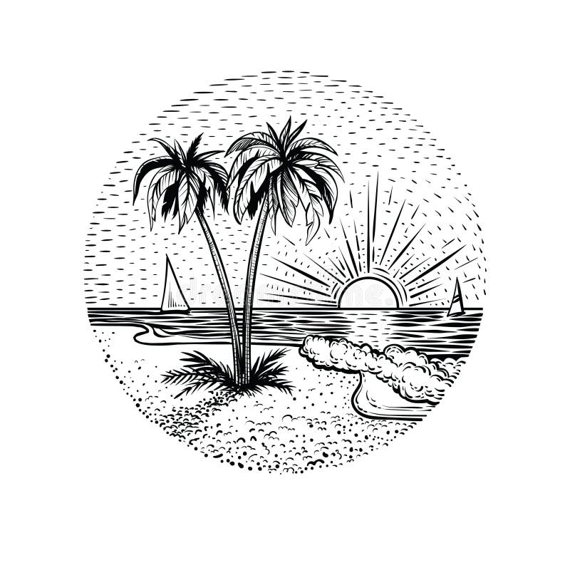 Linea paesaggio della spiaggia con le palme ed il tramonto Elemento rotondo dell'emblema, della carta, del tatuaggio o di progett illustrazione vettoriale Linea paesaggio della spiaggia con le palme ed il tramonto Elemento rotondo dell'emblema, della carta, del tatuaggio o di progett illustrazione vettoriale
