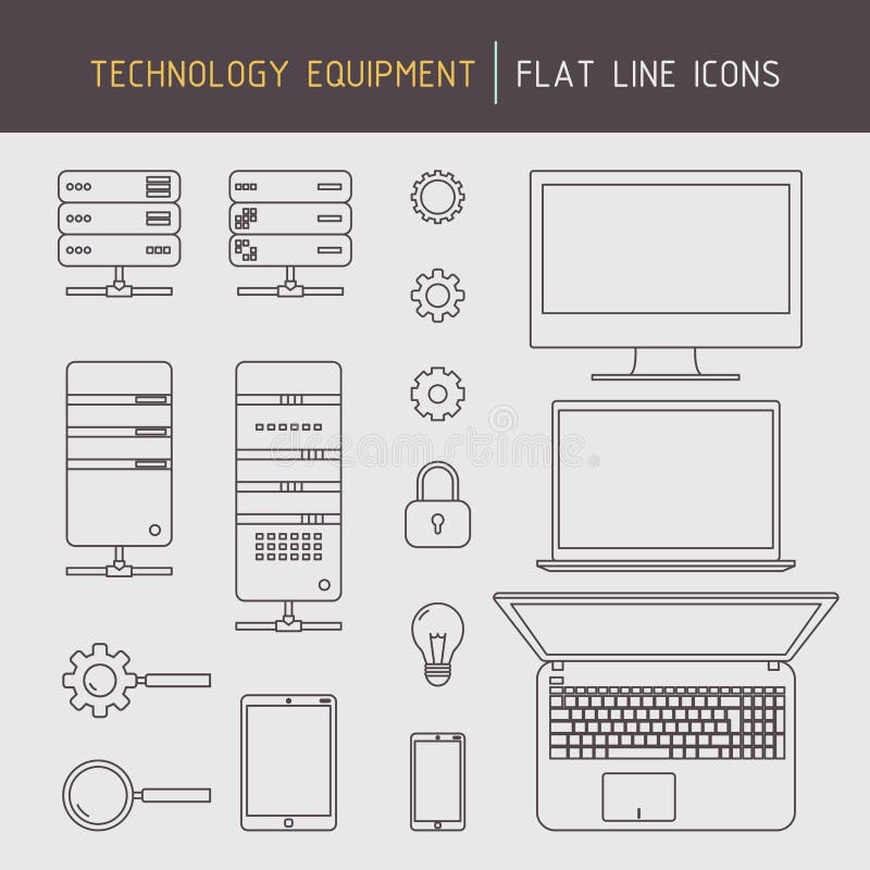 Linea piana attrezzatura di tecnologia illustrazione di stock