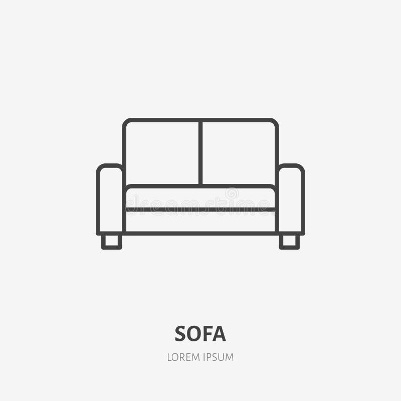 Linea piana icona del sofà Segno della mobilia dell'appartamento, illustrazione di vettore dello strato del salone Logo lineare s