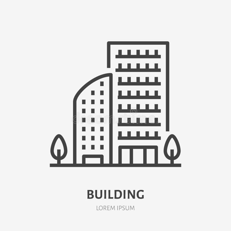 Linea piana icona della costruzione di appartamento Segno sottile di vettore del logo multipiano di affitto della casa, del condo