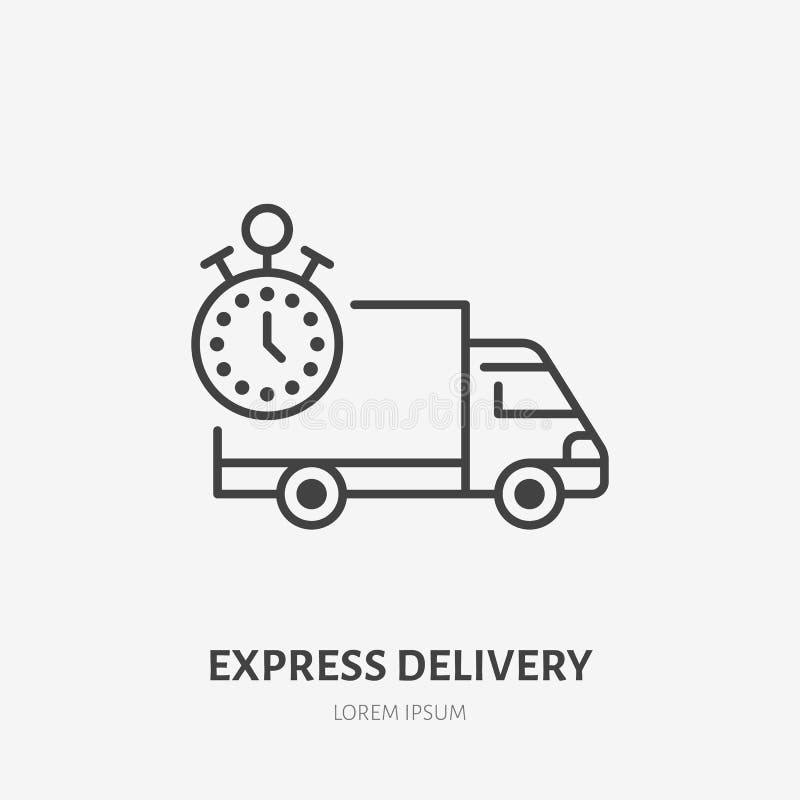 Linea piana icona di consegna precisa Segno veloce del camion Assottigli il logo lineare per carico che trasporta, servizi di tra illustrazione di stock Linea piana icona di consegna precisa Segno veloce del camion Assottigli il logo lineare per carico che trasporta, servizi di tra illustrazione di stock