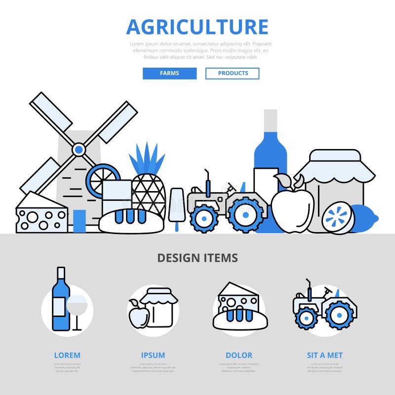Linea piana icone dell'alimento di agricoltura di concetto naturale dell'azienda agricola di vettore di arte